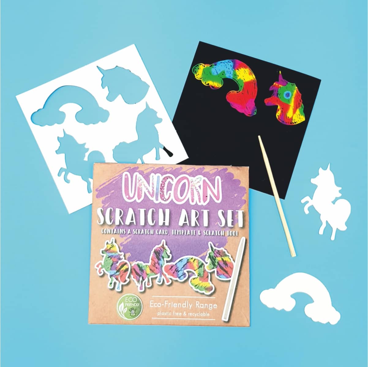 Kratzbilder Einhorn Kreativ-Set aus nachhaltigen Materialien mit farbenfrohen Fantasy-Motiven