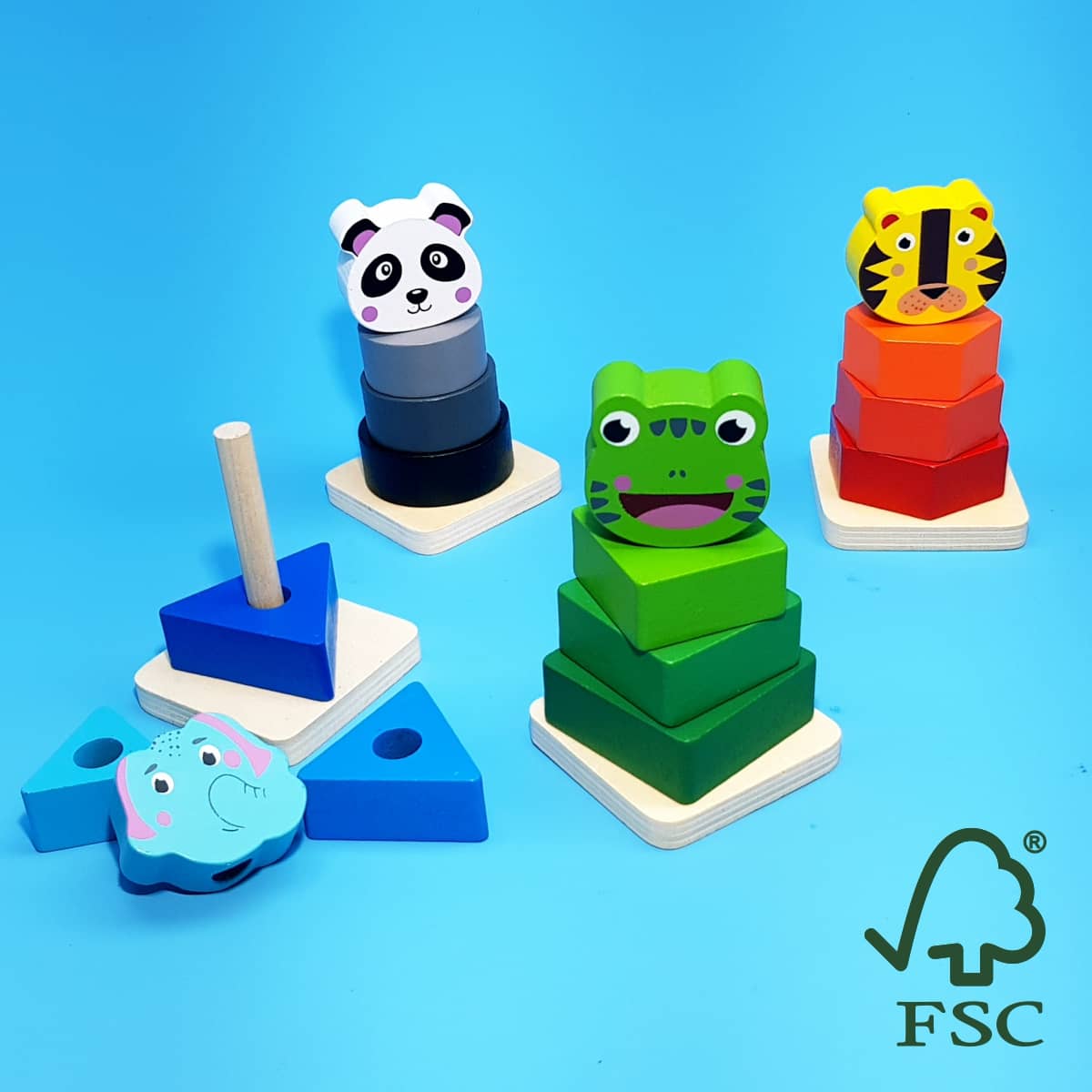 Holz-Steckturm Wilde Tiere Nachhaltiges Motorik-Spielzeug für Kinder unter 3 Jahren