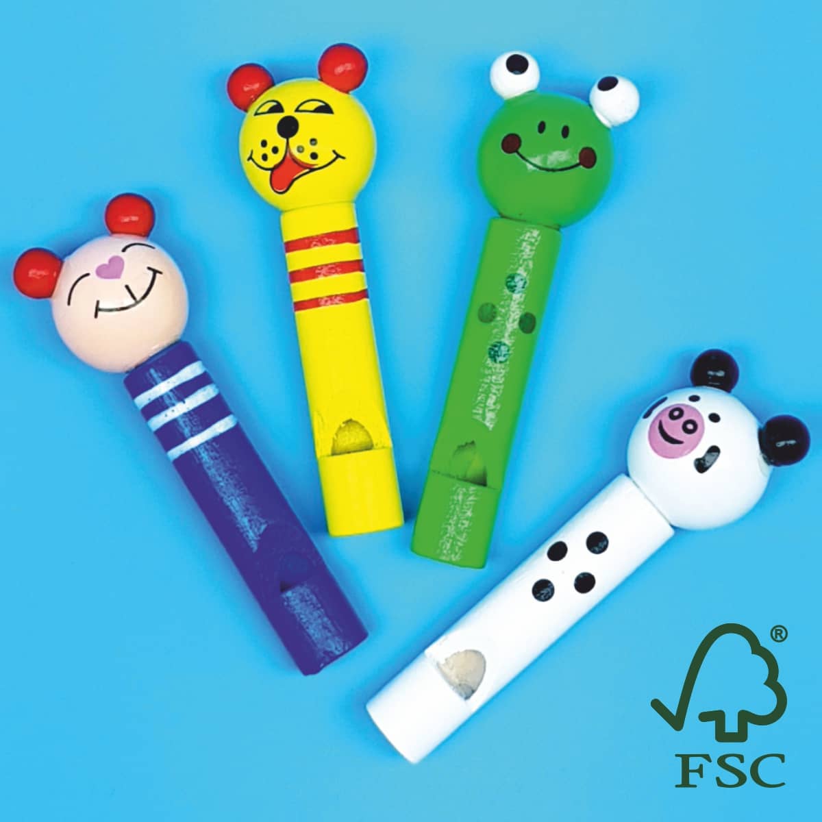 Holz-Pfeifen Tiere Pustespiel mit Tiermotiven aus Holz mit schrillen Tönen